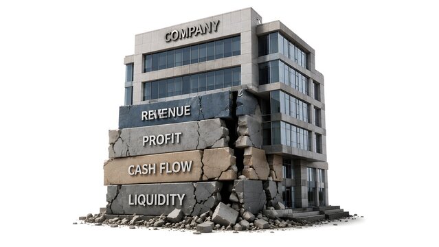 Office Building Made of Financial Blocks Cracking at the Base and Collapsing