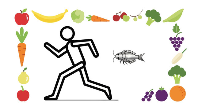 Healthy Lifestyle: Runner with Fruits, Vegetables, and Fish Border