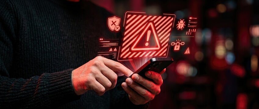 Cybersecurity alert mobile device security warning digital environment modern technology user's perspective digital safety awareness