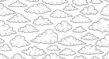 Fototapeta premium Seamless pattern featuring various fluffy cumulus clouds illustrated in a classic hand-drawn stippled ink style on a white background.