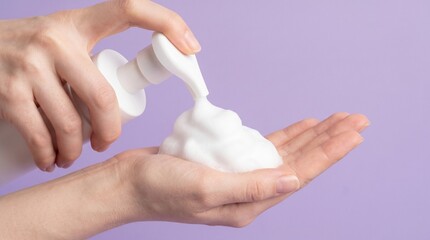 Naklejka premium Woman's hands dispensing soft white cleansing foam from a pump bottle on a purple background.