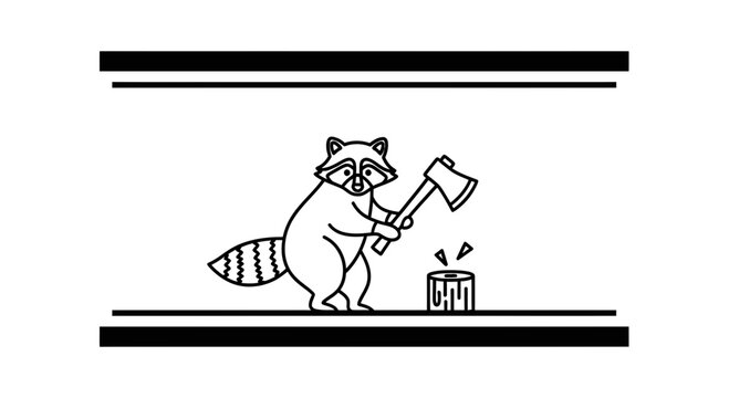Cute Raccoon Chopping Wood with Axe, Cartoon Style