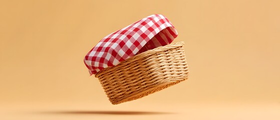 Obraz premium Woven wicker basket with red and white checkered cloth floating on peach background.