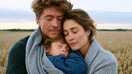 Fototapeta premium Loving family embraces tenderly in wheat field at sunset, sharing warmth and peaceful connection in cozy sweaters