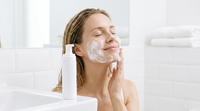 Beautiful young woman applying cleansing foam to her face in a bright white bathroom, skincare routine concept.