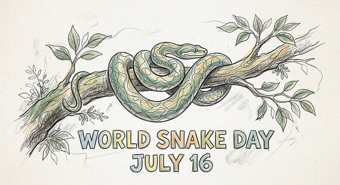 world snake day Continuous Line Art Snake on Tree Branch Pencil Sketch Illustration