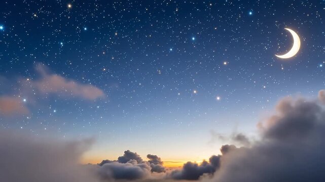 Enchanting celestial night sky with a luminous crescent moon, myriad twinkling stars, and soft clouds drifting below, creating a serene and magical twilight scene
