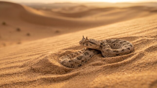 Horned Desert Viper Coiled on a Sand Dune During Golden Hour Sunset in the Sahara Desert