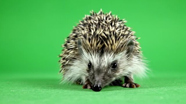 A small hedgehog with spiky quills and a pointed snout stands on a vibrant green background, looking directly at the viewer.
