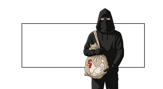 Chicken Thief in Black Hoodie and Mask Steals Bird in Sack
