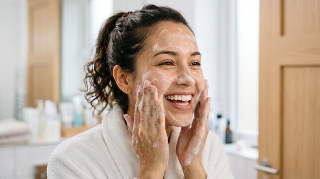 Happy young woman applying facial cleanser foam on her face for morning skincare routine in bathroom.