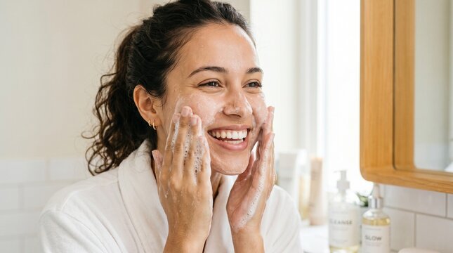 Happy young woman washing her face with foam cleanser in a bright bathroom, smiling during her morning skincare routine.