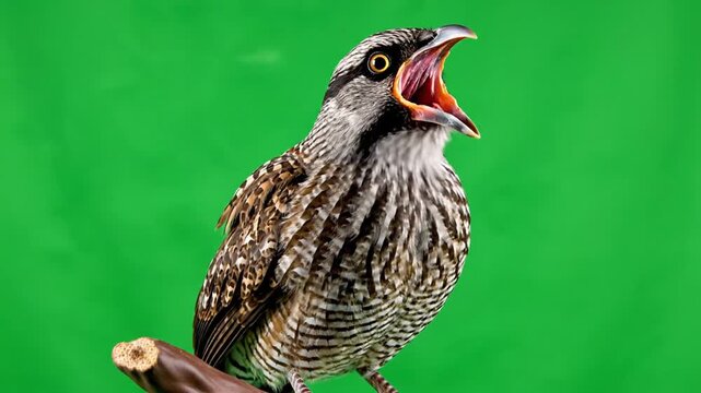 A bird with its beak wide open, possibly singing or calling, against a vibrant green background.