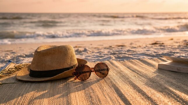 Straw fedora hat with a black band and round tortoiseshell sunglasses placed on a woven mat on a sandy beach at sunset, with ocean waves and an open book in view.
