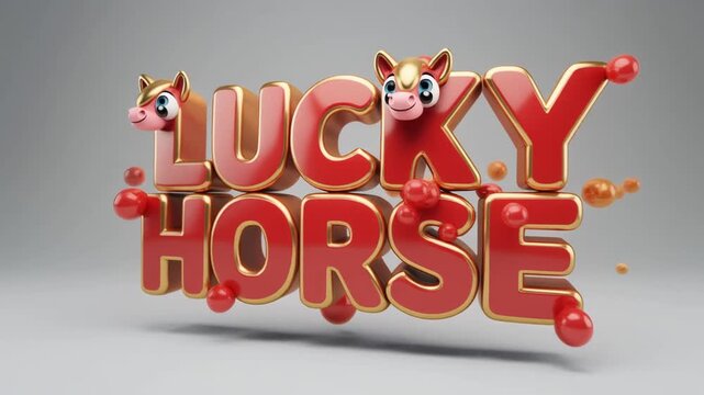 Lucky horse text animation with red and gold elements on neutral background