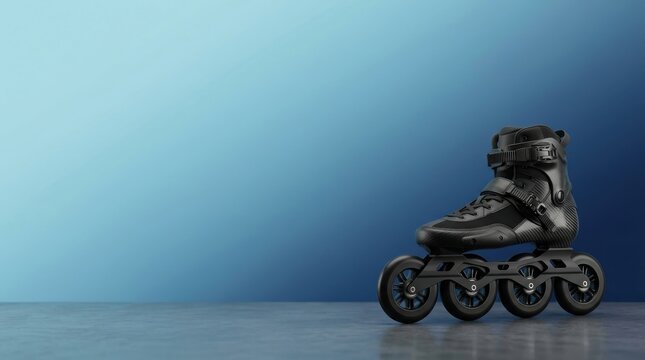 Black inline skate on a concrete surface, professional sports equipment for championship events, representing speed, agility, and modern urban recreation lifestyle
