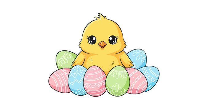 Cute Easter Chick Sitting Among Colorful Decorated Eggs