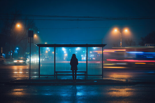 Lone woman silhouette standing at illuminated bus stop on rainy urban street at night with motion blur traffic