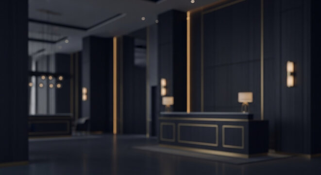Modern dark luxury hotel reception lobby blurred background with golden light accents for corporate business website and professional presentation.