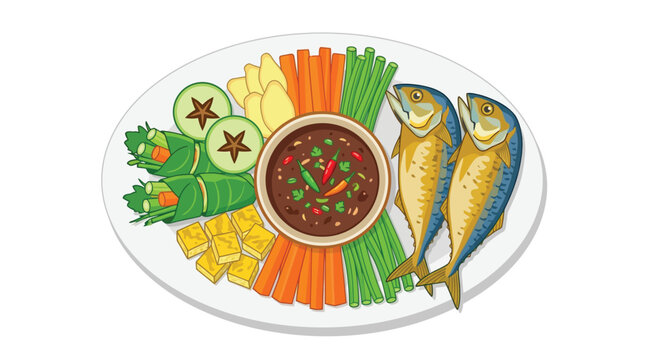 Thai Nam Prik Kapi Shrimp Paste Dip with Fried Mackerel and Fresh Vegetables Plate Isolated on White for Healthy Traditional Asian Cuisine
