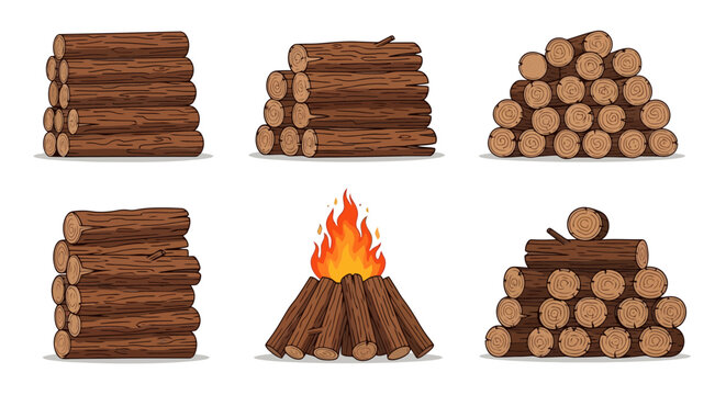 Set of various wooden log stacks and a campfire bonfire illustration, timber woodpile collection for camping or heating concepts