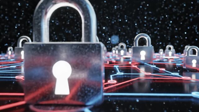 Digital network with padlocks representing data-driven futures and networking concepts