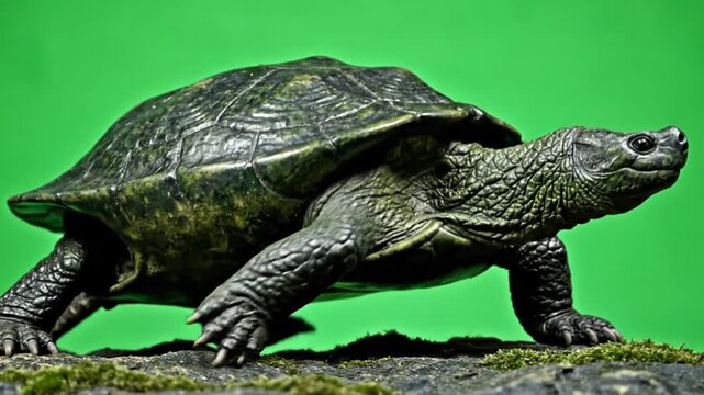 A dark-shelled turtle or tortoise walking on a textured surface with a vibrant green background.