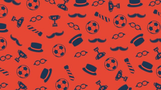 Father's Day Sports Loop Animation. Looping animated 4K background featuring playful dad-themed icons with soccer balls, hats, mustaches, ties, trophies, and glasses in a seamless pattern motion.