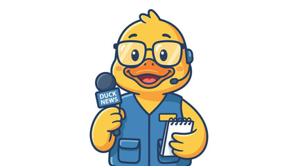 Naklejka premium Cartoon Duck News Anchor with Microphone and Notebook Flat Vector Illustration