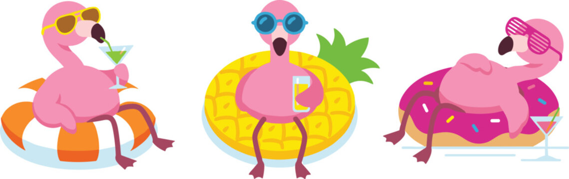 Cute Pink Flamingo Cartoon Character Set Relaxing on Inflatable Pineapple, Donut, and Lifebuoy Pool Floats with Summer Cocktail Drinks Vector Illustration