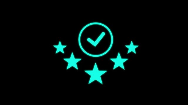 Neon five-star rating animation with glowing checkmark approval on black background, five star review.