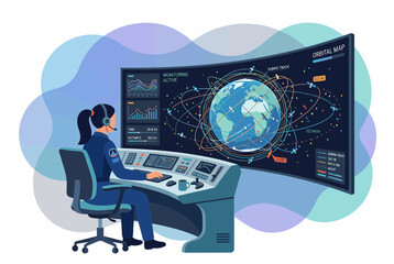 Female operator monitoring global satellite orbits on curved screen © nasyih