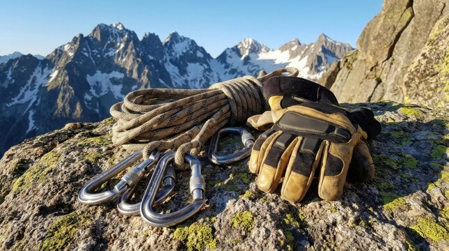 Alpine mountaineering equipment including coiled dynamic rope, locking metal carabiners, and leather climbing gloves on a rocky summit with snow-capped mountain peaks background.