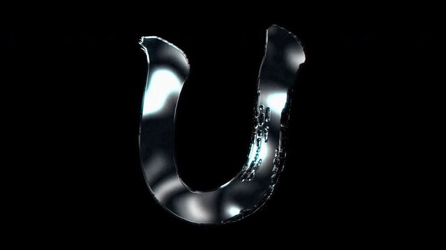 Silver metallic brush stroke capital letter "U". Alpha channel. Seamless loop video