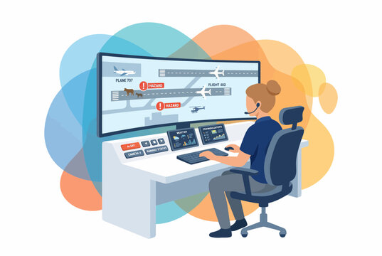 Emergency dispatcher monitoring airport operations on curved display