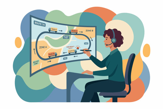 Emergency dispatcher managing logistics on ultra wide curved display