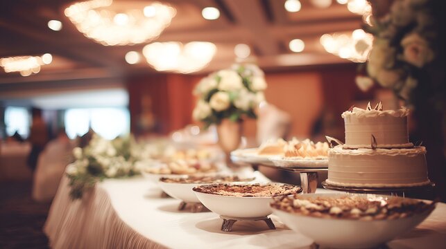 guests. Elegant wedding buffet table featuring a tiered cake and floral arrangements, softly lit with warm ambiance. symbolizing life milestones and joyful moments.