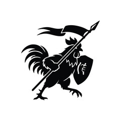 Black rooster warrior silhouette holding spear and shield mascot logo © nfdesign