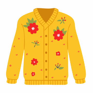 Yellow Cardigan with Red Floral Pattern