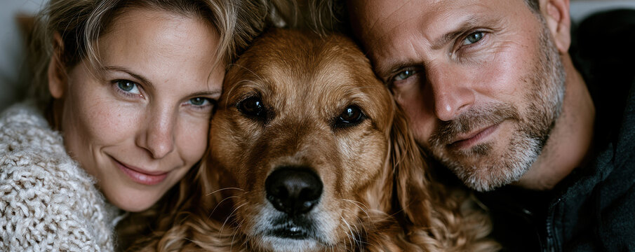 Couple with golden retriever dog close up portrait showing affection and warmth in cozy indoor setting