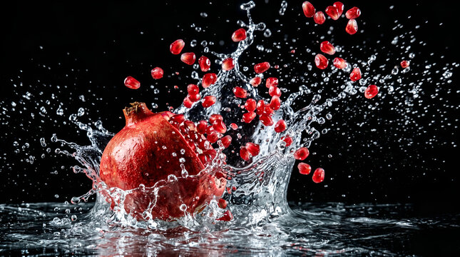 High speed capture of fresh pomegranate fruit splashing into water with flying red seeds isolated on black background. Healthy antioxidant fruit concept with dynamic motion and crystal clear water dro