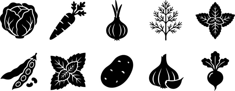 Garden Icons Grid Solid Filled Cabbage Carrot Onion Dill Mint Potato Bean Garlic Radish