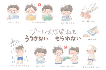 プールの感染症予防イラストセット 手書き文字付き 水遊びのマナー 衛生習慣 対策 水彩 © momonga