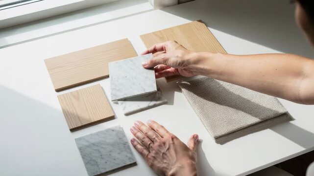 Natural wood and marble samples with fabric swatch for interior design and home decoration ideas