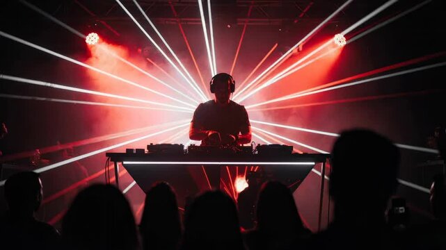 DJ performing live on stage with vibrant red and white laser lights at a music event