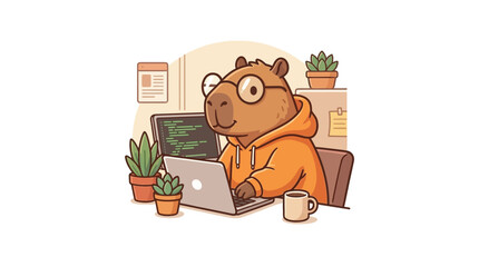 Fototapeta premium Cozy Tech Startup Capybara Developer Character Coding Vector Art