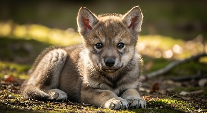 Cute wolf puppy lying on ground.