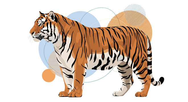 Stylized illustration of a standing tiger with abstract geometric circles and line art elements in the background for poster art.