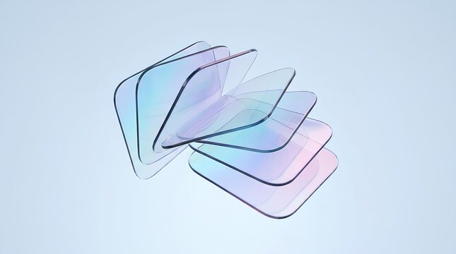 A minimalist abstract 3D composition featuring a stack of transparent rounded square glass panels floating in mid-air