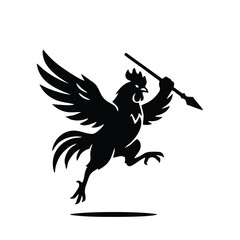 Black rooster warrior silhouette holding spear and shield mascot logo © nfdesign